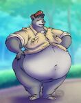 2024 anthro baloo basicbiscuit bear belly big_belly bottomless bottomless_anthro bottomless_male claws clothed clothing disney fur hand_on_hip hat headgear headwear hi_res jacket looking_down male mammal navel obese obese_anthro obese_male open_mouth overweight overweight_anthro overweight_male signature solo standing talespin the_jungle_book thick_thighs toe_claws topwear wide_eyed wide_hips