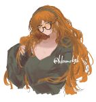  1girl alternate_breast_size black_sweater breasts brown_hairband collared_shirt freckles glasses green_eyes hairband hand_up highres huge_breasts ishmael_(project_moon) limbus_company long_hair orange_hair project_moon rope senichi shirt sidelocks simple_background solo sweater v-neck very_long_hair white_background 