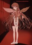  1girl ahoge blush body_horror brown_eyes brown_hair expressionless feathered_wings full_body highres indoors leaf_wings long_hair looking_at_viewer looking_back mismatched_wings own_hands_together sayonara_wo_oshiete school_uniform shoes sketch skirt solo sugamo_mutsuki tendril uwabaki very_long_hair vest wings yuyuyuyhz 