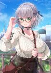  1girl bag between_breasts black-framed_eyewear black_choker blue_sky blush breasts brown_bag building choker cleavage cloud glasses green_eyes grey_hair handbag highres hololive large_breasts looking_at_viewer official_alternate_costume shidou_riko shirogane_noel shirogane_noel_(casual) short_hair sky smile solo strap_between_breasts virtual_youtuber watch wristwatch 