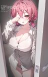  1girl absurdres blush breasts chimyo cleavage collared_shirt commission door doorway hair_between_eyes highres large_breasts looking_at_viewer no_pants one_eye_closed original panties parted_lips pink_eyes pink_hair rubbing_eyes shirt short_hair short_twintails solo tears twintails twitter_username underwear white_panties white_shirt 