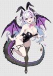  1girl animal_ears black_horns black_leotard blush card covered_navel curio_(curiofinity) demon_girl demon_horns demon_tail demon_wings detached_collar fake_animal_ears fake_tail high_heels highleg highleg_leotard highres horns leotard long_hair multicolored_hair open_mouth original playboy_bunny playing_card pointy_ears purple_eyes purple_hair rabbit_ears rabbit_tail single_thighhigh smile solo strapless strapless_leotard streaked_hair tail thigh_strap thighhighs white_hair wings wrist_cuffs 