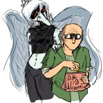 anon_(snoot_game) anthro bald blue_body blue_scales bone_frill breasts clothing colored colored_sketch crop_top death_glare death_stare dino_nugget duo english_text faceless_character faceless_human faceless_male fang_(gvh) feathered_wings feathers female frill_(anatomy) goodbye_volcano_high grey_feather hair hand_on_shoulder head_crest head_frill human jacket male mammal midriff navel pterodactylus pterosaur red_eyes reptile sakamtosng scales scalie shirt silver_hair simple_background sketch snoot_game text topwear wings
