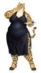 2024 absurd_res anthro black_clothing black_dress black_spots breasts cettus cleavage clothed clothing dress eating felid female food footwear fully_clothed fur hi_res high_heels holding_object holding_plate ilse_lemaire leopard mammal overweight overweight_anthro overweight_female pantherine shoes simple_background solo spots spotted_body spotted_fur standing sucking tail thumb_suck white_background yellow_body yellow_fur