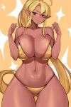  1girl ahoge ass_visible_through_thighs bikini blonde_hair breasts closed_mouth collarbone covered_nipples dark-skinned_female dark_elf dark_skin elf gold_bikini gurimjang highres large_breasts long_hair looking_at_viewer navel original pointy_ears ponytail red_eyes smile solo stomach swimsuit thick_thighs thighs very_long_hair yellow_background 