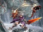  armor battle blue_eyes boots gravios_(armor) khezu monster monster_hunter shield short_hair silver_hair sword takekawa_shin thigh_boots thighhighs vespoid_(armor) weapon 