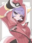  1girl black_gloves breasts courtney_(pokemon) cowlick dress fake_horns gloves highres holding holding_poke_ball hood hooded_vest hoodie horned_headwear horned_hood horns long_sleeves medium_breasts ngo_(ngo_hotategoya) poke_ball poke_ball_(basic) pokemon pokemon_oras purple_eyes purple_hair red_dress red_hood red_sweater ribbed_dress ribbed_sweater short_dress solo sweater sweater_dress swept_bangs team_magma turtleneck_dress vest 