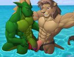 2024 5_fingers abs anthro anthro_on_anthro brown_hair clothed clothing duo felid fingers foreskin frottage fur genitals green_body green_scales grin hair humanoid_hands lion lizard male male/male mammal maynord muscular muscular_anthro muscular_male navel nipples outside pantherine partially_submerged pecs penis reptile sar saruuk scales scalie sex signature smile speedo standing_in_water swimwear tan_body tan_fur teeth topless topless_anthro topless_male water