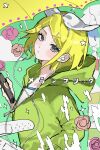  1girl black_eyes blonde_hair blush bow bow_hairband cellphone closed_mouth earbuds earphones flower from_side frown green_background green_jacket hair_ornament hairband hairpin hand_in_pocket highres holding holding_phone hood hood_down hooded_jacket inu_totemo jacket kagamine_rin looking_at_viewer melancholic_(vocaloid) orange_flower parted_bangs phone red_flower shirt short_hair sidelocks simple_background smartphone solo sparkle star_(symbol) umbrella upper_body vocaloid white_bow white_shirt x_hair_ornament yellow_umbrella zipper_pull_tab 