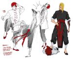  2boys alternate_hairstyle black_pants bleeding blonde_hair blood blood_on_arm blood_on_clothes blood_on_ground body_writing changpao chinese_clothes clenched_hands deidara_(naruto) facial_mark fighting_stance flying foot_on_head forehead_mark gaara_(naruto) hair_over_one_eye highres in_the_face injury kicking long_hair long_sleeves low-tied_long_hair lying male_focus multiple_boys naruto_(series) naruto_shippuuden on_stomach one_eye_covered pants partially_colored pelvic_curtain red_hair saliva sash shirt short_hair simple_background sleeves_rolled_up split standing standing_on_one_leg standing_split stepped_on tangzhuang umkaqryi white_background white_shirt 