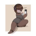 2023 anthro brown_hair cellphone clothed clothing collar container cup dated digital_media_(artwork) electronics hair hi_res holding_cellphone holding_object holding_phone looking_at_viewer looking_back looking_back_at_viewer louart mammal mustelid otter phone signature simple_background solo straw tan_background