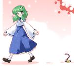  blue_skirt brown_eyes detached_sleeves full_body green_hair kneehighs kochiya_sanae loafers long_sleeves looking_at_viewer nontraditional_miko ribbon-trimmed_sleeves ribbon_trim shoes shokushu_anago short_hair skirt solo source_request touhou vest walking white_legwear 