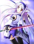  animal_ears blue_hair cat_ears commentary_request copyright_request red_eyes shingo_(missing_link) solo sword thighhighs weapon 