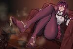  1girl crossed_legs cum cum_on_body cum_on_feet feet glasses gloves high-waist_shorts highres honkai:_star_rail honkai_(series) jacket jacket_on_shoulders kafka_(honkai:_star_rail) legs looking_at_viewer no_shoes pantyhose pantyhose_under_shorts purple_eyes purple_gloves purple_hair purple_pantyhose shorts sitting smile soles solo thighs toes wenzheng147 