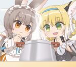  2girls :3 animal_ears arknights braid braided_hair_rings brown_hair closed_mouth colored_tips cooking cooking_pot earpiece fox_ears fox_girl green_eyes highres holding holding_spoon infection_monitor_(arknights) long_hair long_sleeves multicolored_hair multiple_girls open_mouth orange_eyes own_hands_together palms_together rabbit_ears rabbit_girl simiload_(bilulanlu299) spoon steam suzuran_(arknights) teeth twin_braids twintails two-tone_hair upper_teeth_only warmy_(arknights) white_hair 