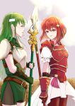  2girls aged_down armor black_shorts breastplate dress fingerless_gloves fire_emblem fire_emblem:_mystery_of_the_emblem fire_emblem_heroes gloves green_dress green_eyes green_gloves green_hair hair_between_eyes headband highres holding holding_polearm holding_weapon long_hair looking_at_another minerva_(fire_emblem) multiple_girls official_alternate_costume open_mouth palla_(fire_emblem) polearm red_eyes red_gloves red_hair short_hair shorts shoulder_armor weapon white_headband yori_ilrosso 