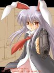  aiming aiming_at_viewer animal_ears bunny_ears gun handgun holding holding_gun holding_weapon kotowari_(newtype_kenkyuujo) necktie pistol purple_hair red_eyes red_neckwear reisen_udongein_inaba solo touhou weapon 