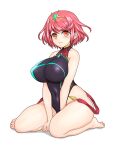  1girl absurdres bare_shoulders barefoot between_legs blush breasts competition_swimsuit core_crystal_(xenoblade) covered_collarbone covered_navel covered_nipples drop_earrings earrings feichu_keju hand_between_legs highleg highleg_swimsuit highres impossible_clothes jewelry large_breasts light_smile looking_at_viewer multicolored_clothes multicolored_swimsuit official_alternate_costume one-piece_swimsuit pyra_(pro_swimmer)_(xenoblade) pyra_(xenoblade) red_eyes red_hair short_hair solo swept_bangs swimsuit thick_thighs thighs tiara white_background xenoblade_chronicles_(series) xenoblade_chronicles_2 