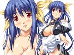  :d blue_hair breasts cleavage covered_nipples crossed_arms dizzy dress guilty_gear large_breasts long_hair looking_at_viewer open_mouth racco red_eyes simple_background skin_tight smile very_long_hair white_background 