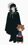  1boy 1girl :3 bag batrobin_k black_bag black_cape black_footwear black_hair black_jack_(character) black_jack_(series) black_pants blue_shirt bow brown_eyes brown_hair cape collared_shirt full_body hair_bow hair_over_one_eye height_difference highres holding holding_bag korean_commentary layered_skirt looking_at_viewer multicolored_hair multiple_hair_bows neck_ribbon pants patchwork_skin pinoko red_bow red_footwear red_skirt ribbon scar scar_on_face shirt short_hair sideburns skirt stitched_face stitches turtleneck two-tone_hair white_hair white_shirt 