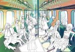  cat closed_eyes multiple_girls original school_uniform sitting train_interior vanishing_point vofan 