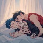  2boys arm_tattoo bed bed_sheet black_hair black_shirt blush chest_tattoo closed_eyes commentary_request couple curtains demorzel earrings facial_hair goatee grabbing highres hug indoors jewelry lying male_focus monkey_d._luffy multiple_boys one_piece open_mouth pectoral_grab pillow scar scar_on_cheek scar_on_face shirt short_hair shoulder_tattoo smile tattoo teeth trafalgar_law yaoi 