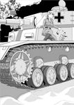  1girl caterpillar_tracks greyscale ground_vehicle military military_vehicle monochrome motor_vehicle original panzerkampfwagen_iv sasaki_toshiyuki tank world_war_ii 
