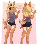 2023 5_fingers anthro big_breasts black_nose blonde_hair borvar bottomwear breasts butt canid clothing digital_media_(artwork) digitigrade feet female fingers hair hi_res horn looking_at_viewer mammal open_mouth shirt shorts simple_background smile solo standing tail tank_top topwear tori_yiffany