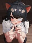  1girl :p animal_ears australian_devil_(kemono_friends) black_bow black_bowtie black_hair black_thighhighs blush bow bowtie breasts breasts_out brown_eyes brown_hair commentary deku_suke empty_eyes eyepatch fang fellatio flipped_hair from_below gradient_hair highres indoors kemono_friends large_breasts long_hair looking_at_viewer looking_up medical_eyepatch multicolored_hair one_eye_covered open_clothes open_shirt oral plaid plaid_bow plaid_bowtie shirt simulated_fellatio solo tasmanian_devil_ears thighhighs tongue tongue_out white_shirt wooden_floor 