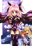  2girls alternate_costume belt blonde_hair cape caro_ru_lushe cosplay erio_mondial fate_testarossa fate_testarossa_(cosplay) hair_ribbon kerykeion kouno_hikaru lyrical_nanoha mahou_shoujo_lyrical_nanoha_strikers multiple_girls pink_hair ribbon thighhighs twintails 