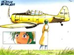  aircraft airplane ashinano_hitoshi blush coat green_hair hatsuseno_alpha purple_eyes t-6_texan wallpaper yokohama_kaidashi_kikou 