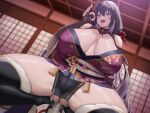  1girl ass_visible_through_thighs bare_shoulders black_thighhighs blush breasts cleavage clothing_cutout commentary_request elbow_gloves fellatio_gesture fingerless_gloves gloves hair_ornament hand_up huge_breasts japanese_clothes long_hair looking_at_viewer oekakizuki open_mouth original purple_eyes purple_hair shoulder_cutout smile squatting thighhighs thighs tongue tongue_out 