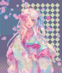  1girl argyle argyle_background argyle_kimono argyle_sleeves black_background blue_eyes blue_kimono blue_ribbon blue_sleeves check_copyright clothes_grab copyright_request cowboy_shot eyelashes fingernails floral_background flower flower_knot flower_request hair_ornament hair_ribbon highres holding holding_flower japanese_clothes kimono long_hair long_sleeves looking_at_viewer obi one_side_up open_mouth original pink_flower pink_sash pink_shawl polka_dot red_nails ribbon sash shawl simple_background sleeve_grab smile solo striped_background tassel tassel_hair_ornament teeth upper_teeth_only white_hair wide_sleeves yanmian_(printemps-noir) yukata 