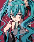  1girl :d adjusting_clothes adjusting_headwear arm_at_side bare_shoulders blue_eyes blue_hair blue_nails blue_necktie breasts collared_shirt frilled_shirt frills grey_shirt hair_between_eyes hair_ornament hatsune_miku headset highres index_finger_raised long_hair looking_at_viewer lower_teeth_only medium_breasts microphone naguno-0713 nail_polish necktie number_tattoo open_mouth red_background serious shirt sidelocks simple_background sleeveless sleeveless_shirt smile solo tattoo teeth twintails upper_body v-shaped_eyebrows very_long_hair vocaloid 