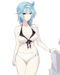  1girl bare_arms bare_shoulders bikini blue_hair blush breasts cleavage commentary_request cowboy_shot eula_(genshin_impact) genshin_impact hairband highres large_breasts long_hair looking_at_viewer navel simple_background solo standing stardust-kun stomach swimsuit thighs white_background white_bikini yellow_eyes 