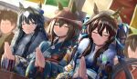  1boy 4girls :3 alternate_costume animal_ears blue_eyes blue_hair blue_kimono blush brown_hair cheval_grand_(umamusume) chibi closed_eyes closed_mouth cowboy_shot ear_ornament floral_print_kimono flower fur_collar fusou_(fuso0205) hair_between_eyes hair_flower hair_ornament hatsumoude highres horse_ears horse_girl horse_tail japanese_clothes kimono long_hair long_sleeves looking_at_viewer matching_outfits multicolored_hair multiple_girls obi one_eye_closed own_hands_together praying purple_hair sandals sash short_hair sidelocks smile socks sweatdrop tail twintails two-tone_hair umamusume verxina_(umamusume) vivlos_(umamusume) white_fur white_hair white_socks zouri 