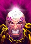  1boy angry artist_request bald bloodshot_eyes chain clenched_teeth coat facial_tattoo fur_collar highres korean_text limbus_company neck_tattoo project_moon purple_coat red_eyes ricardo_(project_moon) snot solo solo_focus tattoo tears teeth thumbs_up veins you&#039;re_bald_(lobotomy_corporation) 
