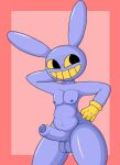 anthro balls clothing foreskin genitals gloves hand_behind_head handwear hi_res jax_(the_amazing_digital_circus) lagomorph leporid long_ears male mammal nipples penis poraka7 purple_body rabbit solo the_amazing_digital_circus thick_thighs