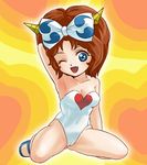  ;d arm_behind_head arm_up armpits ass_visible_through_thighs bare_legs blue_eyes blue_footwear blush bow breasts brown_hair cameltoe camisole cleavage collarbone covered_navel doteraman fang full_body hair_bow haruyama_kazunori heart heart_background heart_print horns leotard long_hair looking_at_viewer medium_breasts no_socks one_eye_closed open_mouth shoes sitting skin_tight smile solo strapless strapless_leotard suzuki_manami tareme wariza white_leotard 