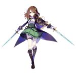  1girl benghuai_xueyuan boots brown_hair dual_wielding elsa_lopez_(benghuai_xueyuan) full_body gloves green_eyes hair_ornament hairclip holding holding_sword holding_weapon honkai_(series) official_art simple_background skirt sword thigh_strap third-party_source weapon 