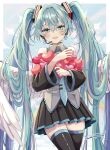  1girl :d absurdres black_skirt black_thighhighs blue_eyes blue_hair blue_nails blue_necktie blue_sky blush border collared_shirt day diamond_(shape) dot_nose dutch_angle fang feathered_wings frilled_shirt frills glint grey_shirt hair_between_eyes hatsune_miku headset heart highres hugging_object legs_together looking_at_viewer microphone miniskirt naguno-0713 nail_polish necktie open_mouth outdoors outside_border pleated_skirt rainbow shirt sidelocks signature skirt sky sleeveless sleeveless_shirt smile solo thighhighs thighs tie_clip twintails vocaloid white_border white_wings wings zettai_ryouiki 