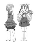  2girls arms_behind_back backpack bag bandaid bandaid_on_knee bandaid_on_leg barefoot commentary_request feet full_body greyscale hachikuji_mayoi hairband highres itoma_mahimahi kizumonogatari looking_at_another monochrome monogatari_(series) multiple_girls oshino_shinobu school_uniform shirt short_hair simple_background skirt sleeveless sleeveless_shirt smile toes twintails white_background white_hairband 