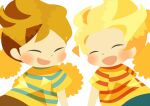  2boys blonde_hair blush brothers brown_hair claus_(mother_3) closed_eyes facing_another flower happy hitofutarai lucas_(mother_3) male_focus mother_(game) mother_3 multiple_boys open_mouth short_sleeves siblings white_background yellow_flower 