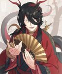  1boy :d bad_link black_hair blush chorefuji commentary_request hair_between_eyes hand_fan happy highres holding horns japanese_clothes jewelry kimono long_hair long_sleeves looking_at_viewer lower_teeth_only male_focus multicolored_hair neck_ring open_mouth original red_eyes red_hair red_kimono scales smile solo tail teeth tree two-tone_hair 