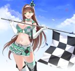  1girl bare_shoulders belt black_vest boots bow bowtie breasts brown_hair checkered_flag choker cleavage closers cloud collarbone cowboy_shot crop_top cropped_vest elbow_gloves flag gloves green_eyes green_shirt green_skirt hairband hands_up highres holding holding_flag large_breasts long_hair looking_at_viewer midriff miniskirt navel non-web_source official_art open_clothes open_mouth open_vest outdoors race_queen shirt side_slit skindentation skirt sleeveless sleeveless_shirt smile solo soma_(closers) standing stomach thigh_boots thighhighs thighs very_long_hair vest white_choker white_gloves white_thighhighs zettai_ryouiki 