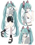  1girl :d arm_at_side bare_shoulders belt black_bow black_choker black_footwear black_shorts blue_belt blue_eyes blue_hair blue_nails bow choker closed_mouth clothing_cutout cropped_shirt dot_nose eating food grey_shirt hair_between_eyes hair_bow hand_in_own_hair hatsune_miku head_tilt highres holding holding_food holding_popsicle long_hair looking_at_viewer midriff multiple_views naguno-0713 nail_polish number_tattoo open_mouth popsicle red_bow sandals shirt shorts shoulder_cutout sidelocks simple_background smile smirk tattoo toenail_polish toenails torn_clothes torn_shorts twintails two-tone_bow v_over_mouth very_long_hair vocaloid white_background 