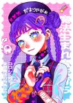  1girl absurdres blush braid curecatechin hair_bun heart heart_hands highres multicolored_eyes multicolored_hair original purple_hair self-harm self-harm_scar solo symbol-shaped_pupils two-tone_hair 