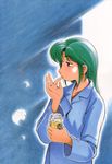  ashinano_hitoshi bangs blue_background finger_licking finger_to_mouth from_side green_hair half-closed_eyes hand_up hatsuseno_alpha highres holding honey jar licking long_hair long_sleeves looking_away outline outstretched_hand pajamas purple_eyes sidelocks solo upper_body white_outline yokohama_kaidashi_kikou 