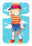  0mzum1 1boy arm_behind_head arm_up baseball_bat baseball_cap blonde_hair blue_background blue_eyes blue_shorts blue_sky blush blush_stickers border closed_mouth cloud commentary_request grass hat highres holding holding_baseball_bat looking_at_viewer lucas_(mother_3) male_focus mother_(game) mother_3 outside_border red_footwear red_headwear red_shirt shirt shoes short_hair short_sleeves shorts sideways_hat simple_background sky smile socks solo standing striped_clothes striped_shirt sun t-shirt triangle two-tone_shirt white_border white_socks yellow_shirt 