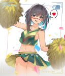  1girl bare_shoulders black_hair blue_hair blush breasts cheerleader collarbone colored_inner_hair crop_top facepaint fate/grand_order fate_(series) grey_eyes highres holding holding_pom_poms looking_at_viewer midriff miniskirt multicolored_hair navel open_mouth pom_pom_(cheerleading) short_hair sidelocks skirt small_breasts smile solo tenochtitlan_(fate) tenochtitlan_(first_ascension)_(fate) thighs ura_illust 